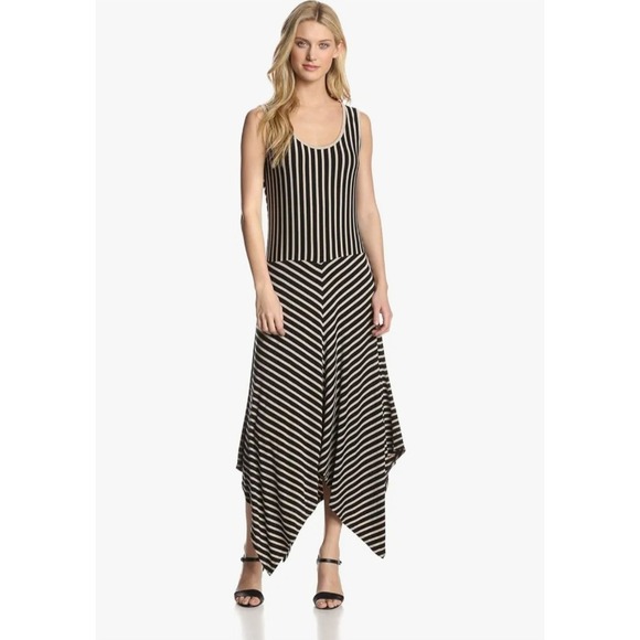 Calvin Klein Dresses & Skirts - Calvin Klein Black Tan Striped Sleeveless Asymmetrical Hem Dress XL Fairy Grunge